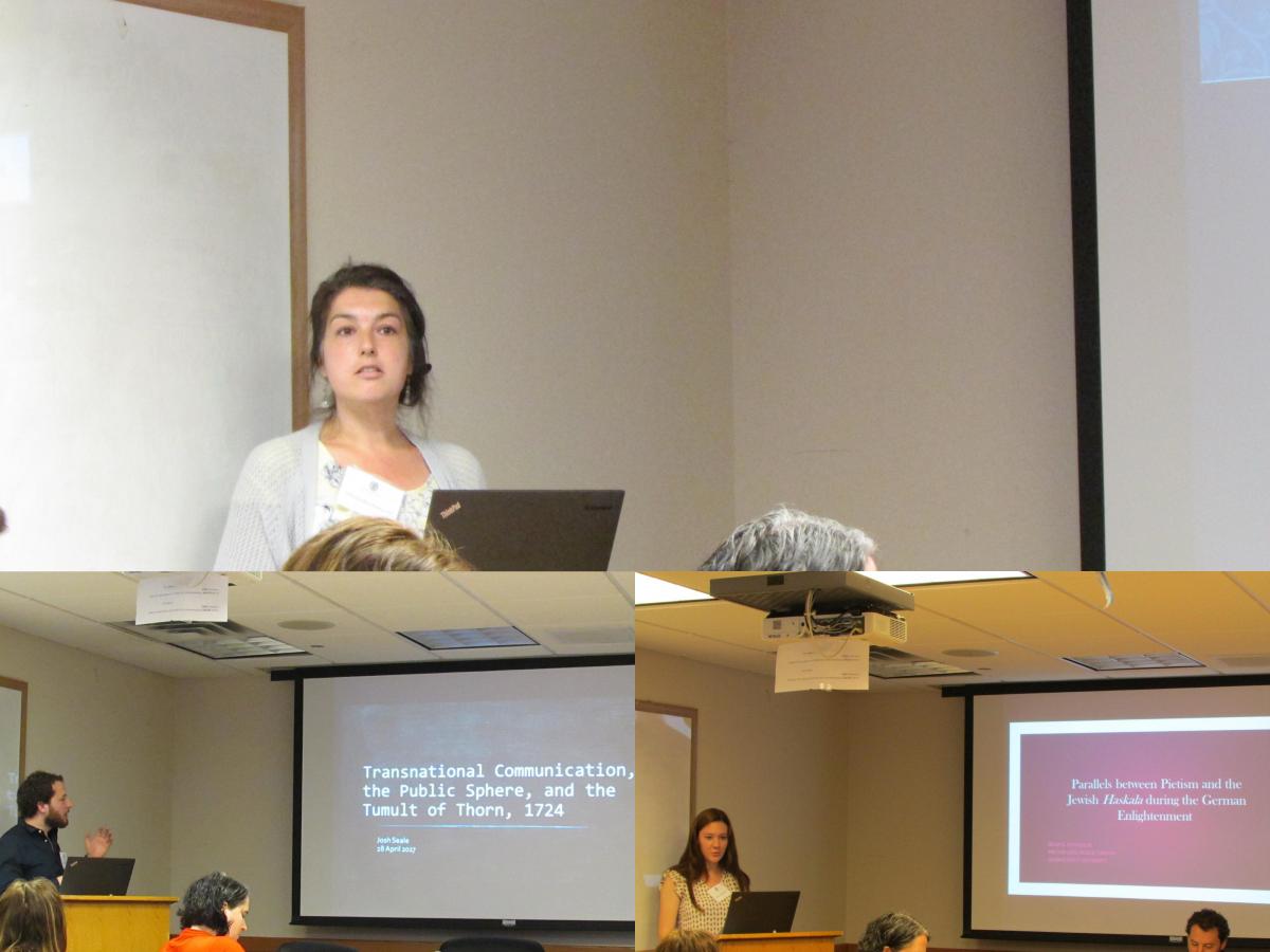 Three graduate students presenting lectures during the Private Lives/Public Virtues symposium