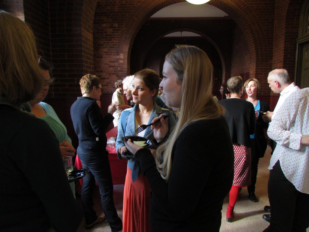 Reception attendees following Maxi Obexer's reading