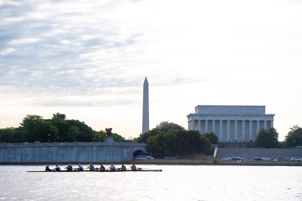 Rowers in the Potomac River with the Washington Monument and Lincoln Memorial in the background