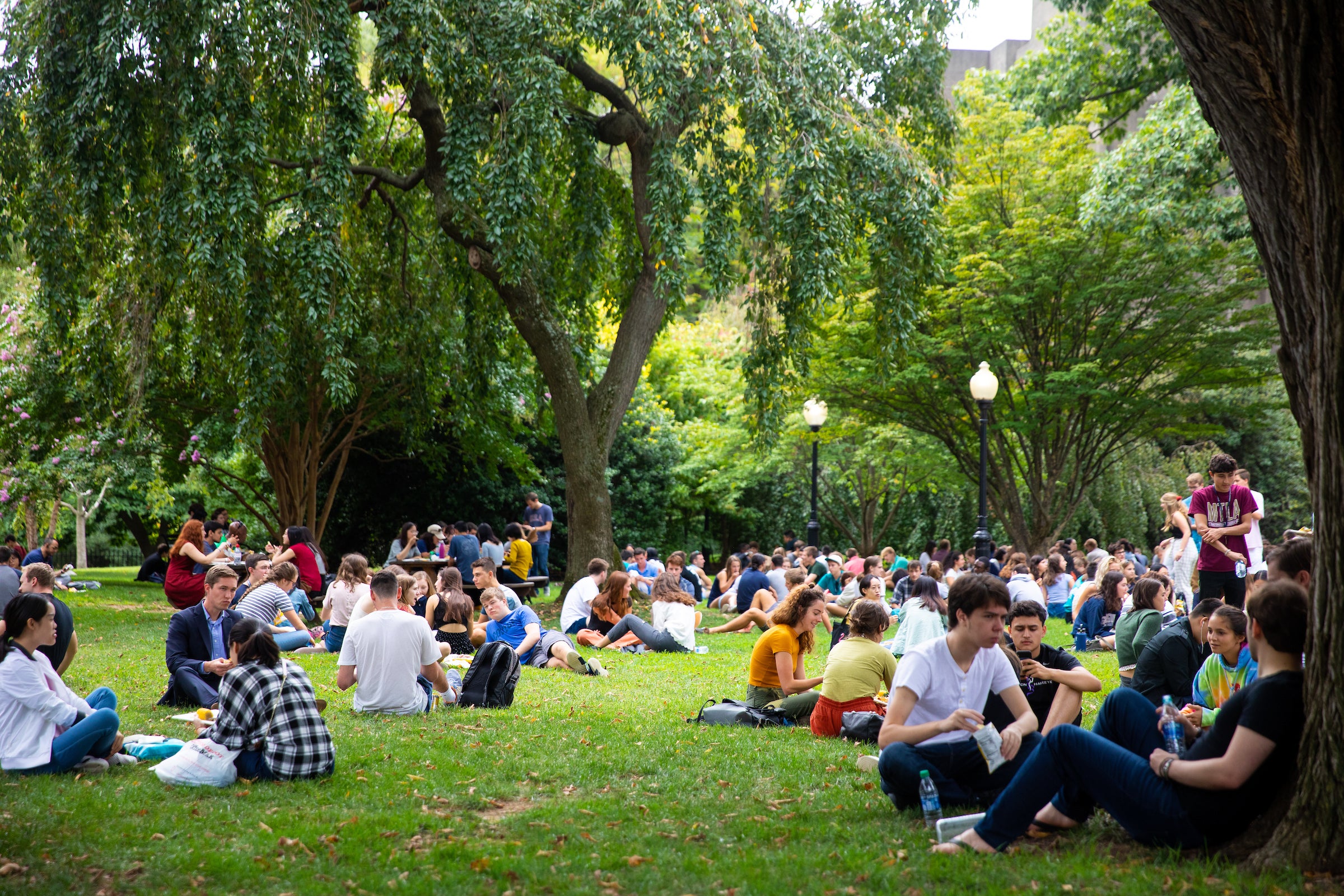 Students sit on the front lawn at Georgetown University