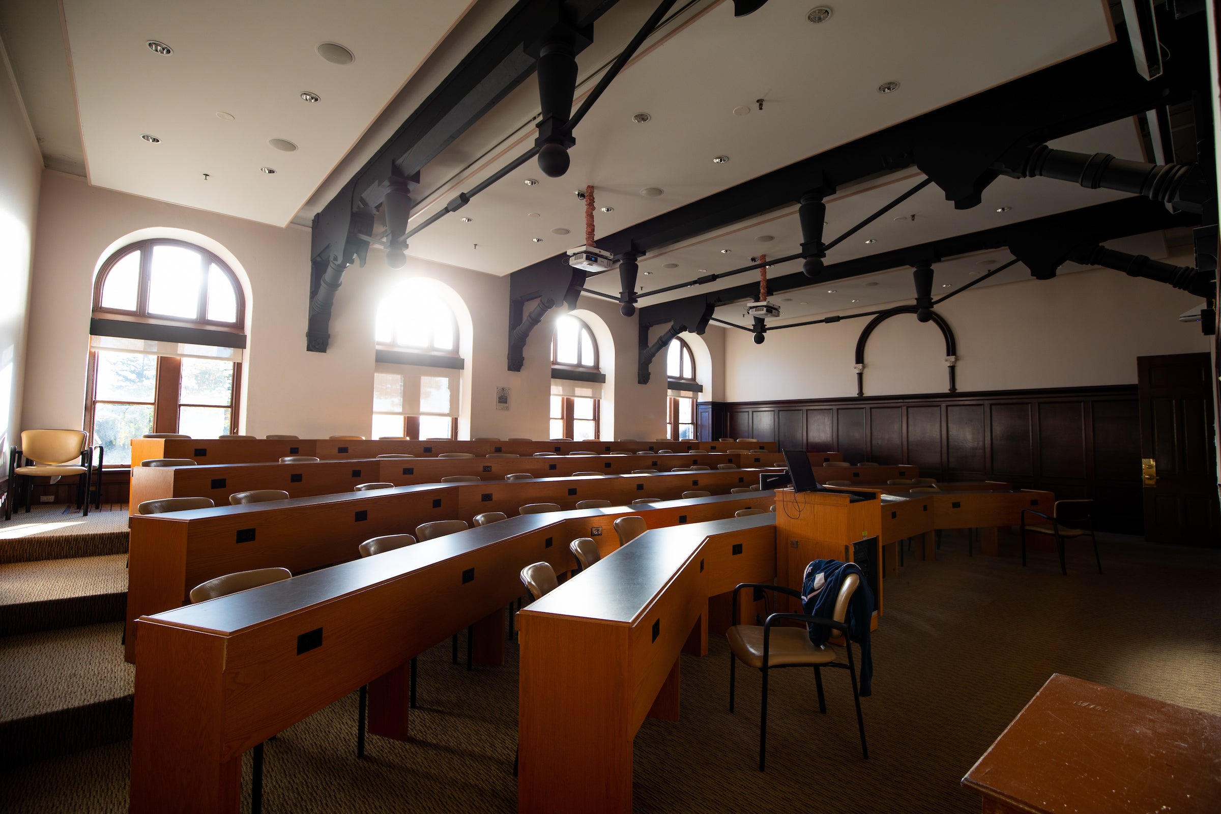 A classroom in Healy Hall at sunrise