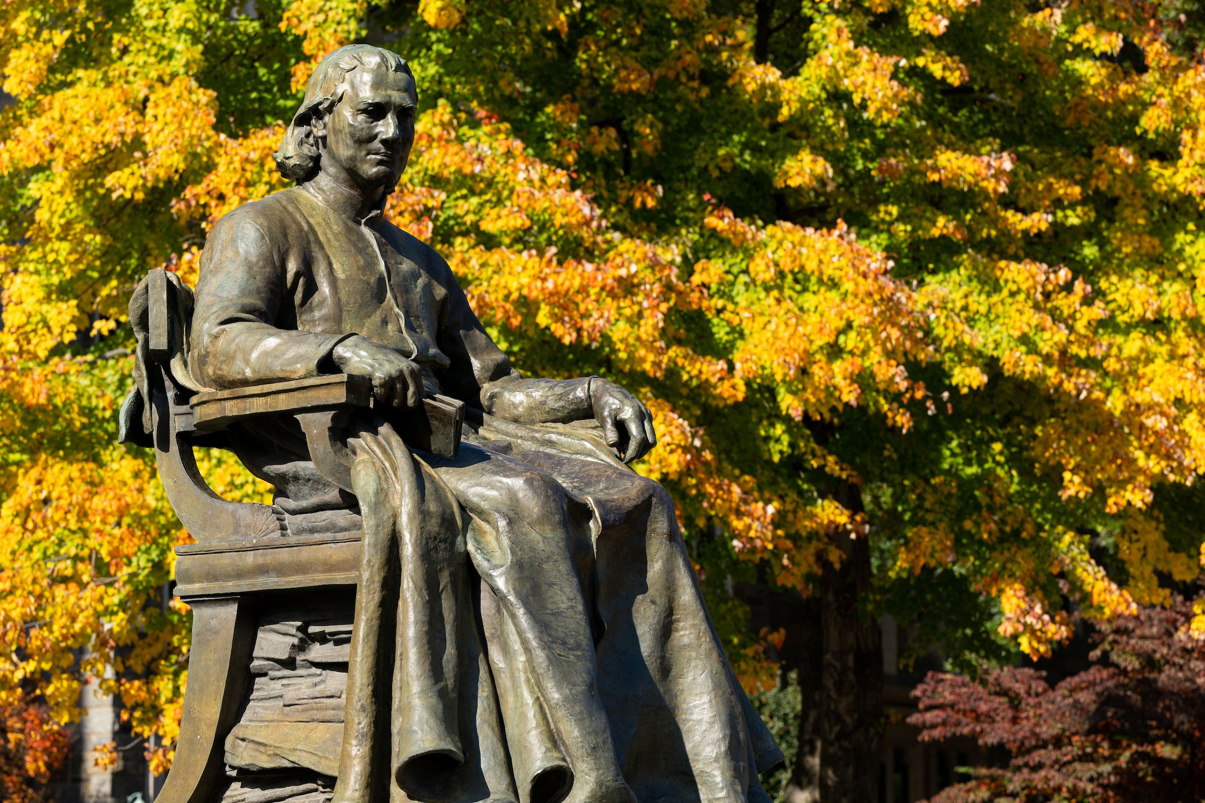 Yellow fall leaves and the John Carroll statue