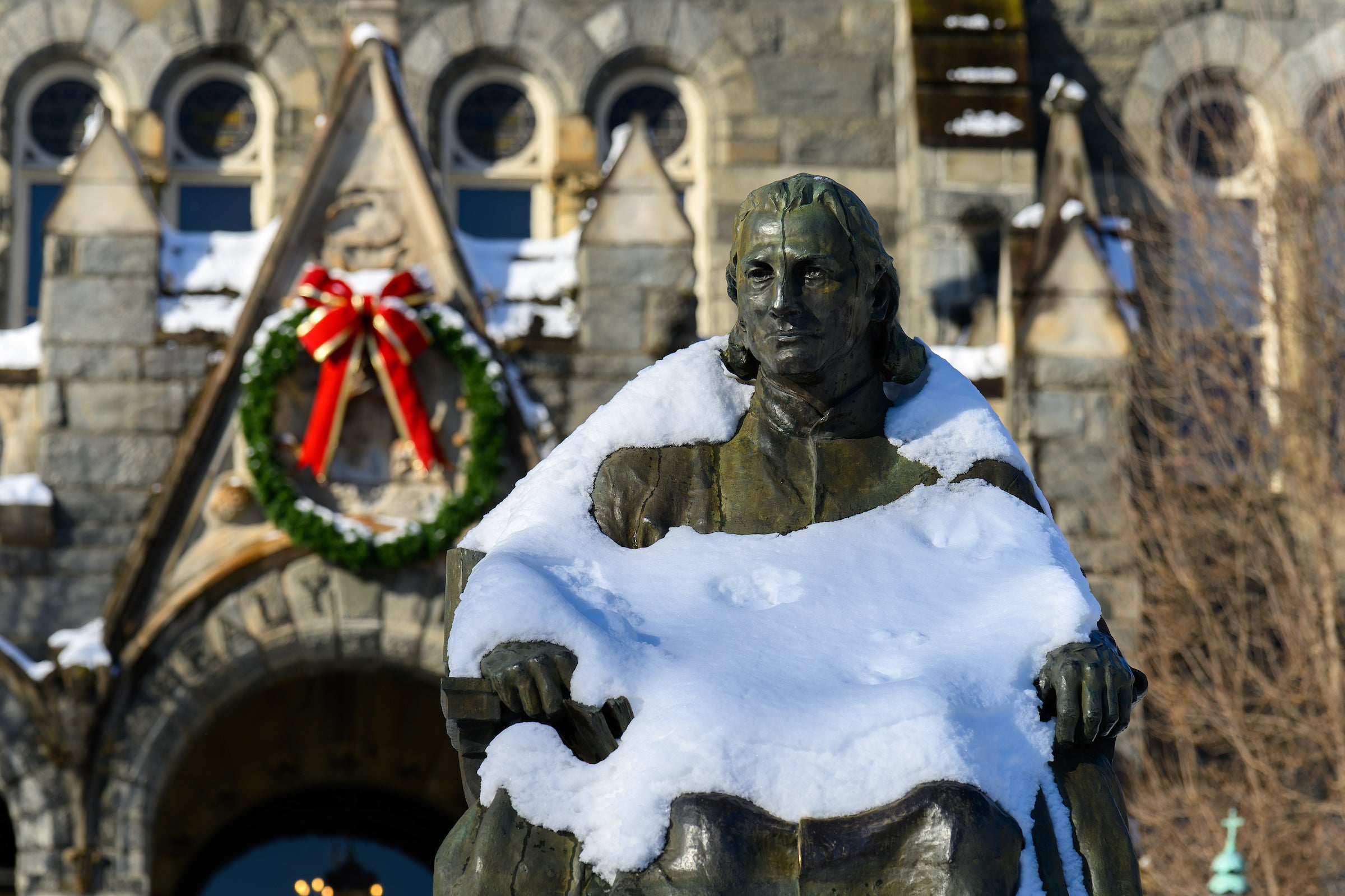 John Carroll statue covered in snow