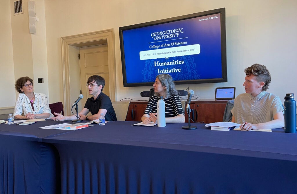 Friederike Eigler, Kurt Beals, Bruna Dantas Lobato, and Alex Brostoff sit at a table during the Translating the Self event